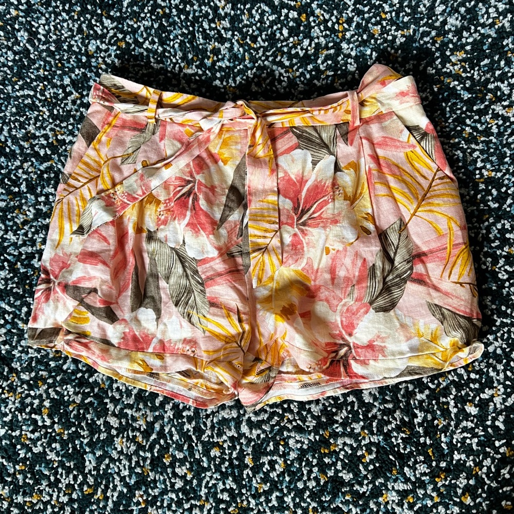Joie Pink and Yellow tropical Floral Shorts tie waist linen shorts 12